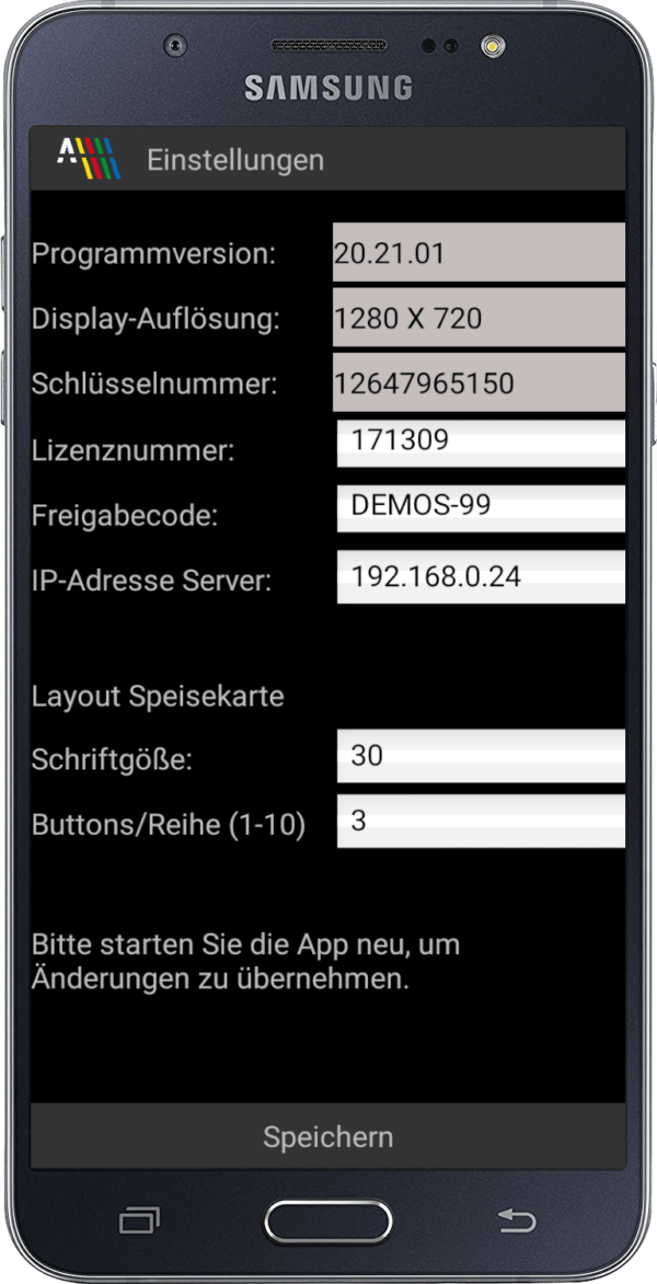 In den Einstellungen der Gastrokasse Mobilversion können Sie u.a. die Schriftgröße ändern oder die IP-Adresse zur Hauptkasse ändern