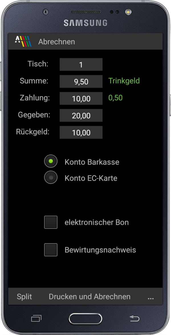 Die Abrechnungsfunktion der Mobilversion der Gastrokasse auf dem Smartphone