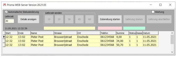 Die Lieferando-Schnittstelle für die Prisma Gastrokasse ist da - Detailansicht des Webservers zeigt den Status der Lieferando Bestellungen