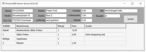 Die Lieferando-Schnittstelle für die Prisma Gastrokasse ist da - Detailansicht des Webservers zeigt den Status der Lieferando Bestellungen