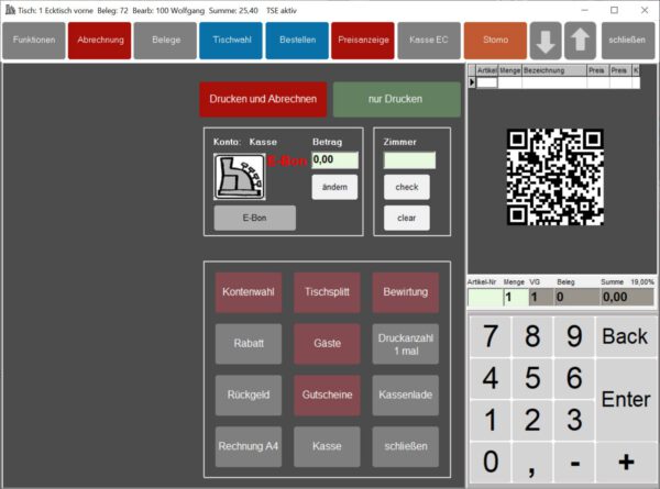 mit der e-Bon Funktion können Sie den Rechnungsbon als QR-Code auf dem Bildschirm anzeigen lassen. So sparen Sie Papier und Ihr Kunde kann den Rechnungsbon digital auf seinem Mobilgerät aufrufen und speichern