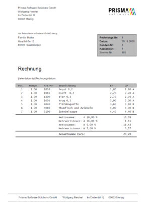 Rechnungsmodul für Prisma Gastrokasse